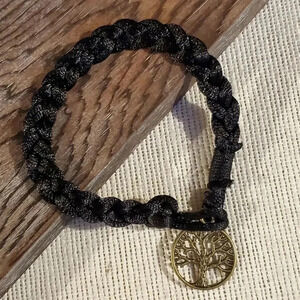 Braided Jet Black Silk Antique Brass Tree of Life Charm Button Bracelet